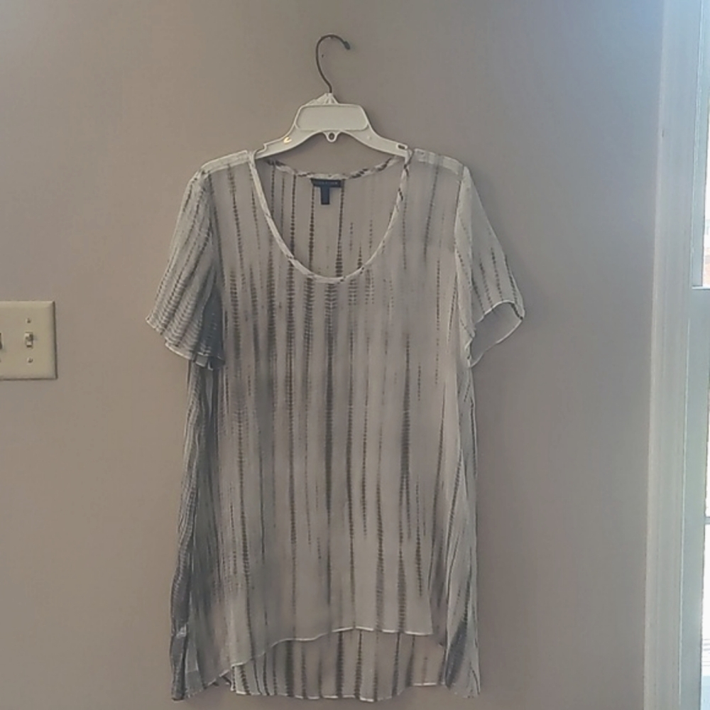 Eileen Fisher Sheer Striped Short-Sleeve Tunic in Ivory and Black